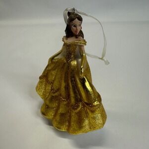 Disney Parks Blown Glass Belle Ornament Beauty & The Beast Gold Glitter 4.5"